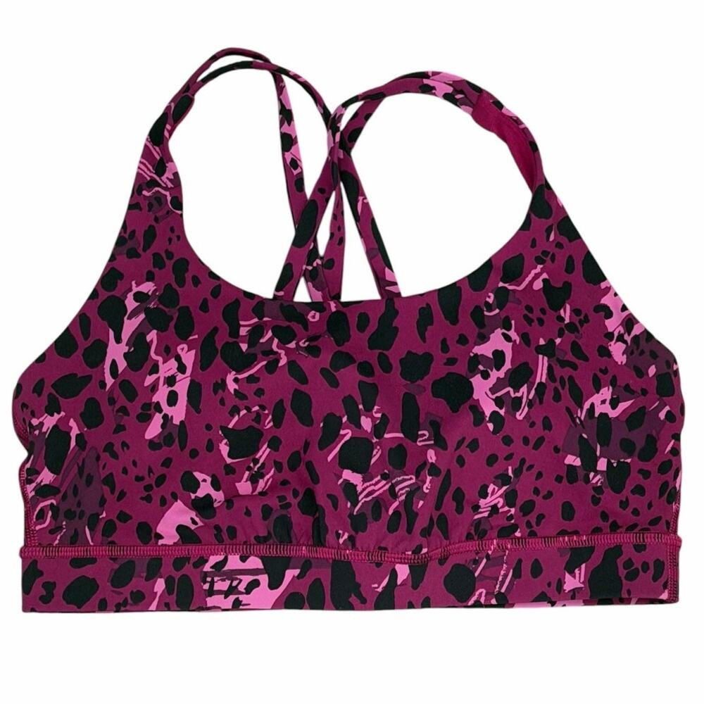 Lululemon Cheetah Camo Magenta Purple Energy Strappy Sports Bra Size 8 with Pads